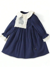 1pc Navy Blue Cute Rabbit Embroidery Sweet Ruffle Collar Girls Long Sleeve Dress, Princess Style
